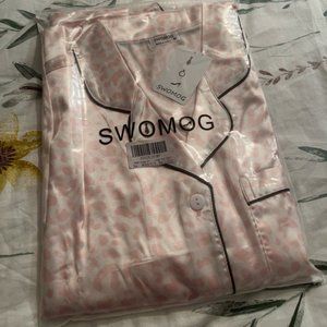 SWOMOG Women's Pink Silk Pajamas Set